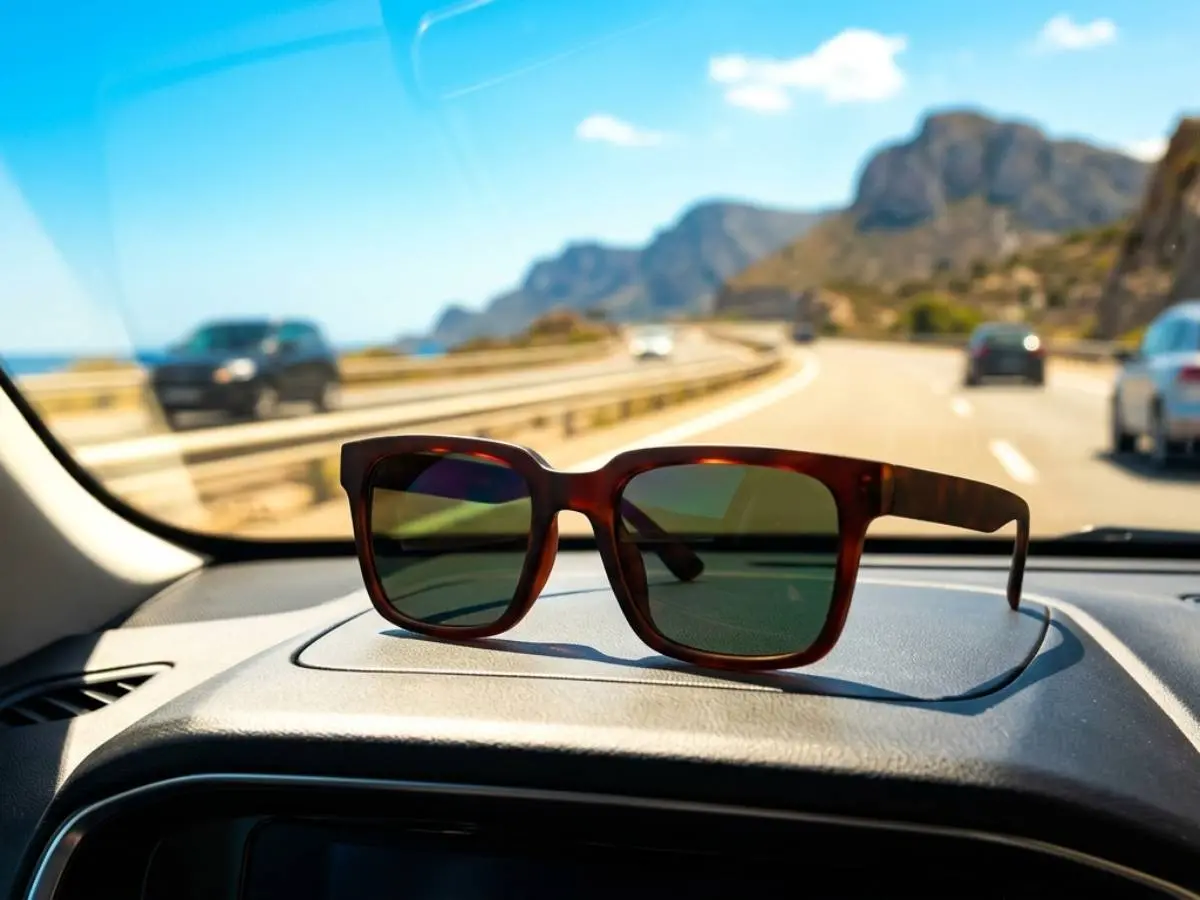 Unas gafas de sol sobre el salpicadero de un coche en la carretera