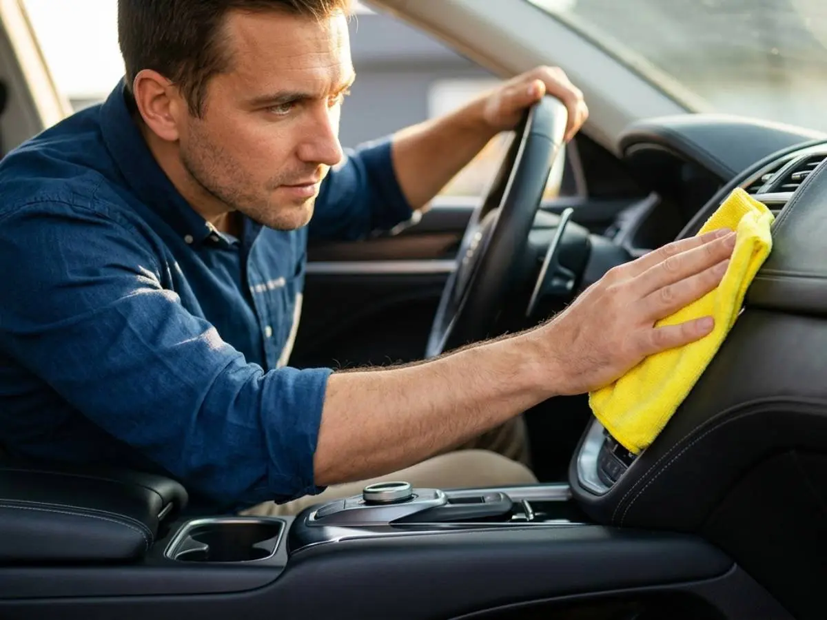 conductor limpiando interior de un coche