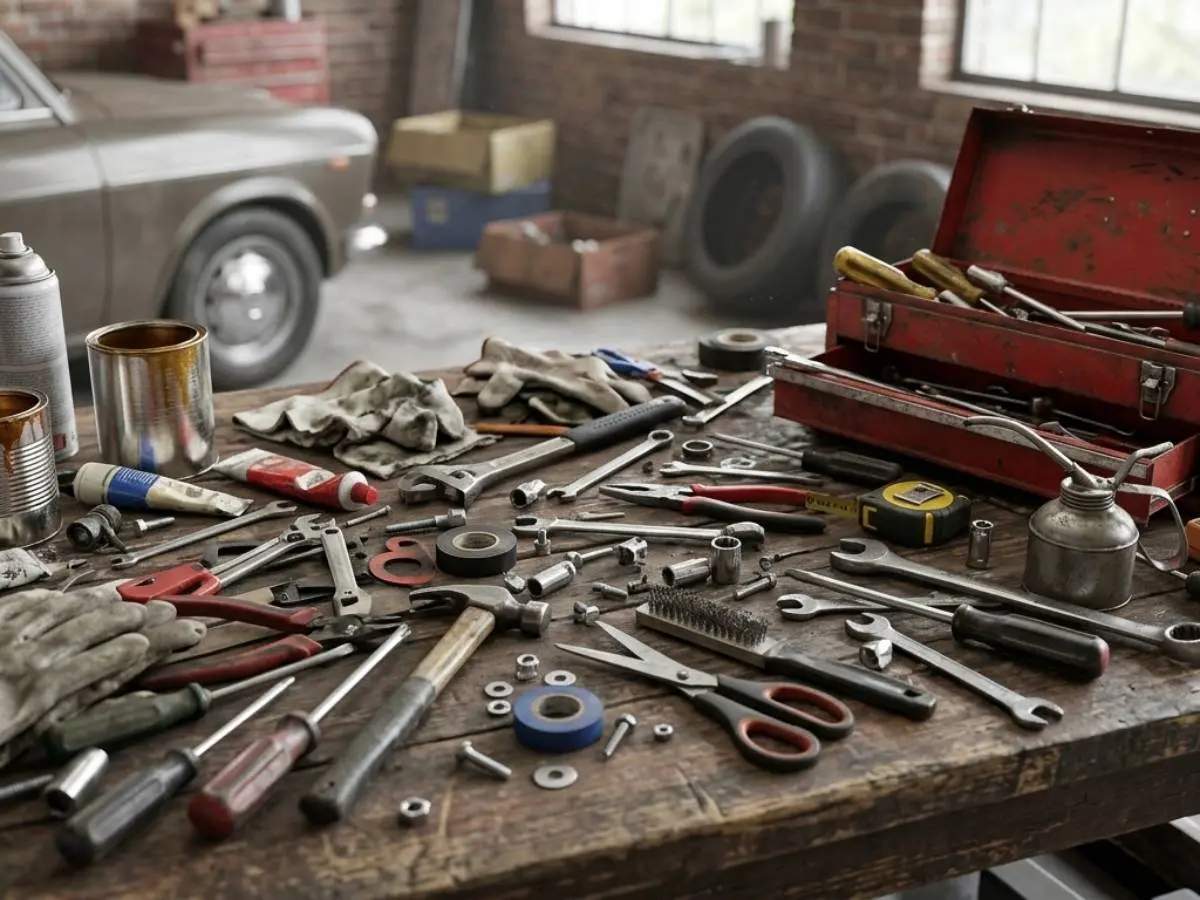 herramientas desordenadas sobre mesa de trabajo
