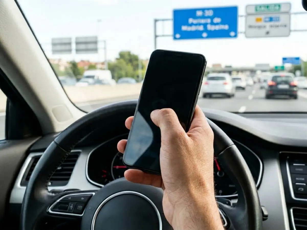 Mano sujetando móvil al volante en primer plano nítido