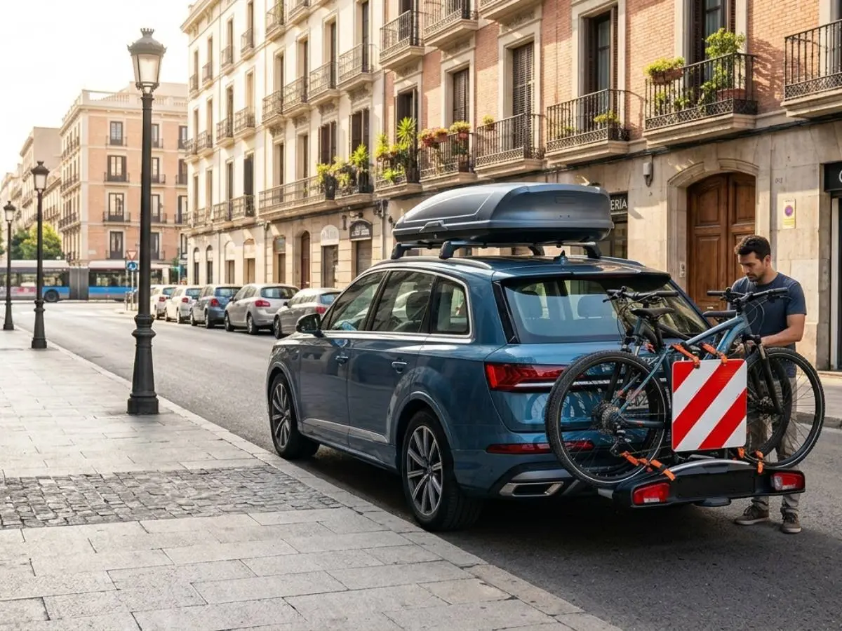 Coche preparado para un viaje con bicicletas y señalización