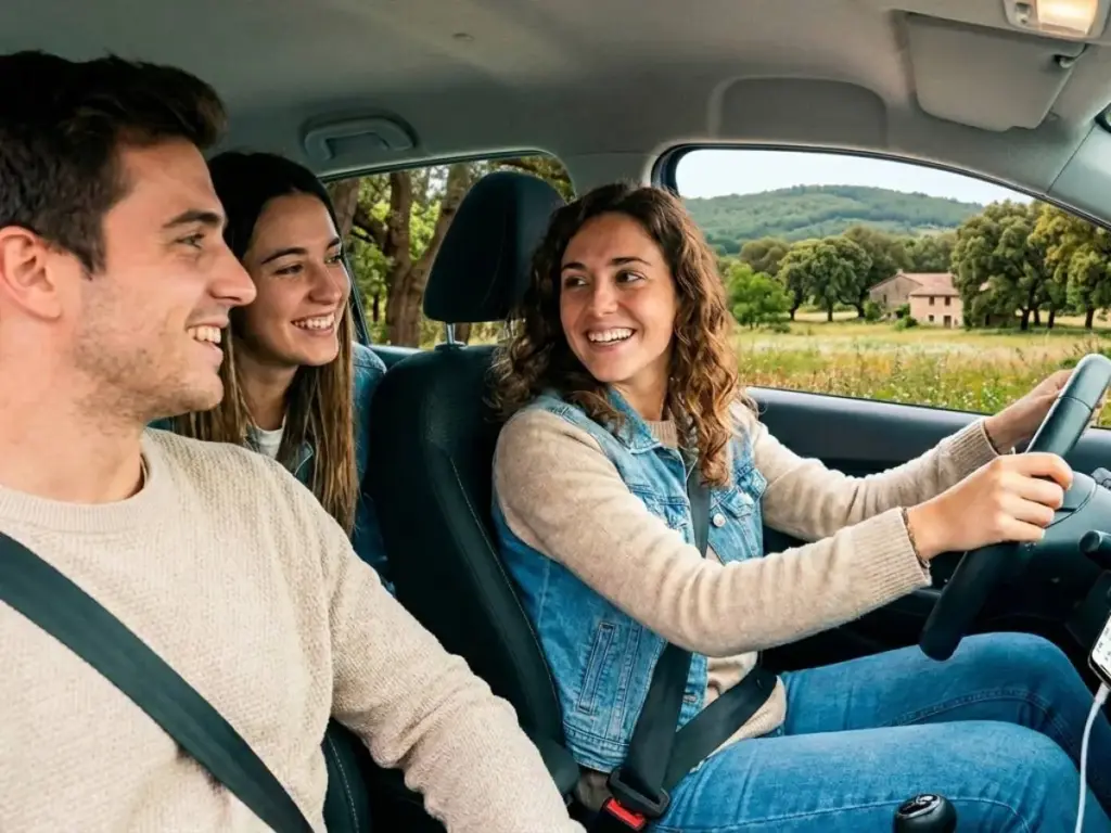 Tres amigos disfrutan de un viaje en coche compartido