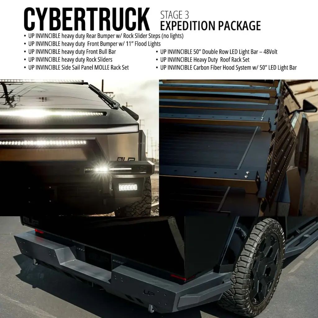 Si el Tesla Cybertruck te parece soso, Unplugged Performance es la respuesta a tus plegarias 9 Motor16 Tesla Cybertruck Stage 3 Expedition Package Full Armor 50in LED Carbon Hood UP INVINCIBLE Motor16