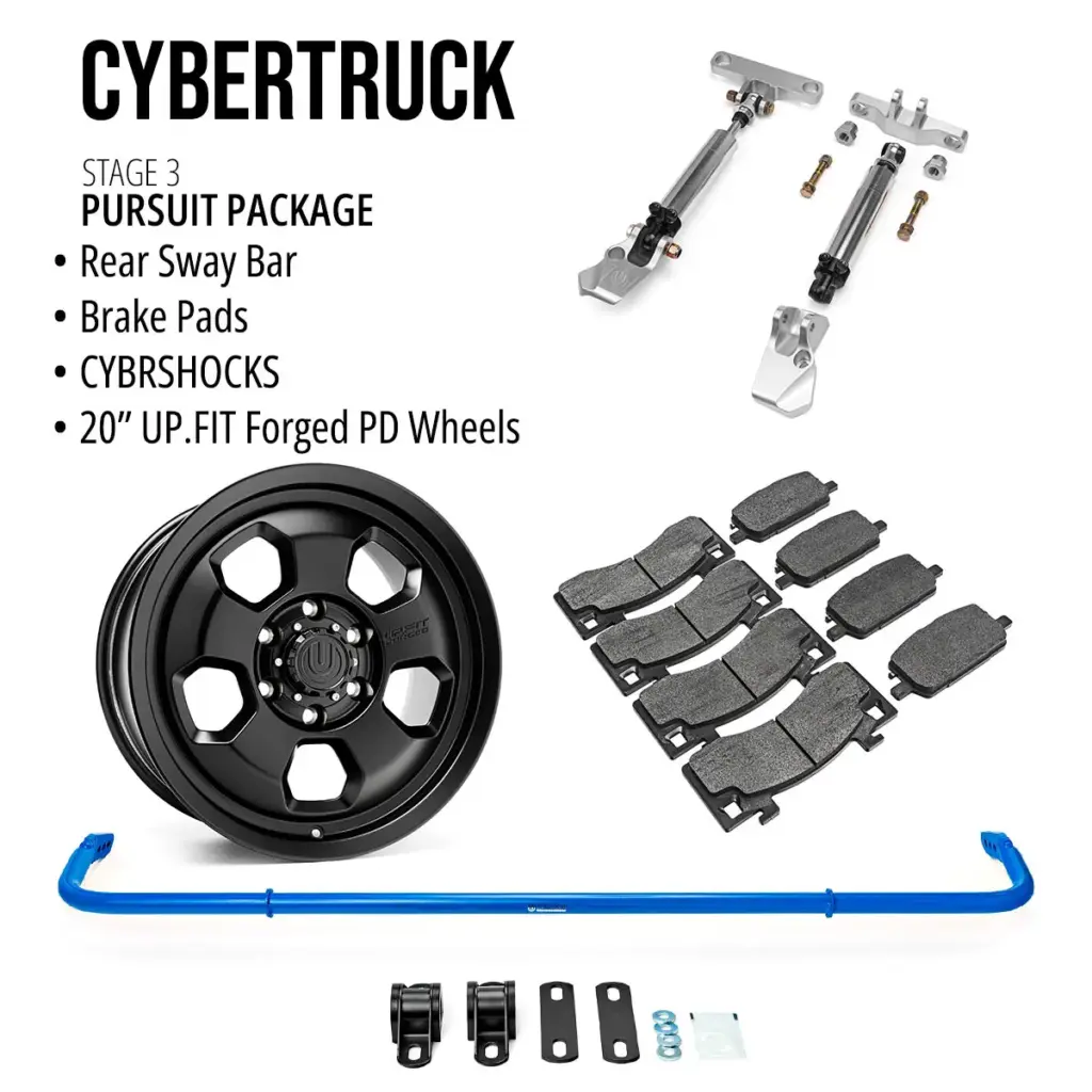 Si el Tesla Cybertruck te parece soso, Unplugged Performance es la respuesta a tus plegarias 8 Motor16 Tesla Cybertruck Stage 3 Pursuit Package Sway Bar Brake Pads UP FIT Forged PD Wheels UP INVINCIBLE Motor16