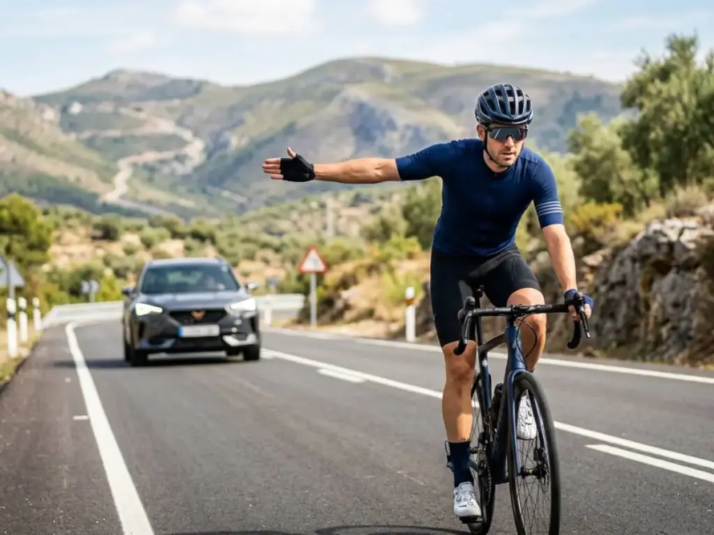 Adelantar a ciclistas: el BOE cambia la norma, prohíbe ciertos arcenes y trae multa 1 Motor16 ciclista señalizando una maniobra en carretera secundaria