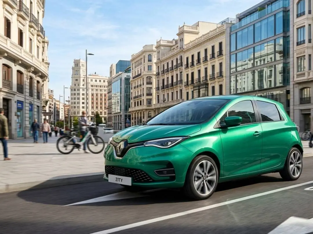Coche eléctrico verde circulando en Madrid
