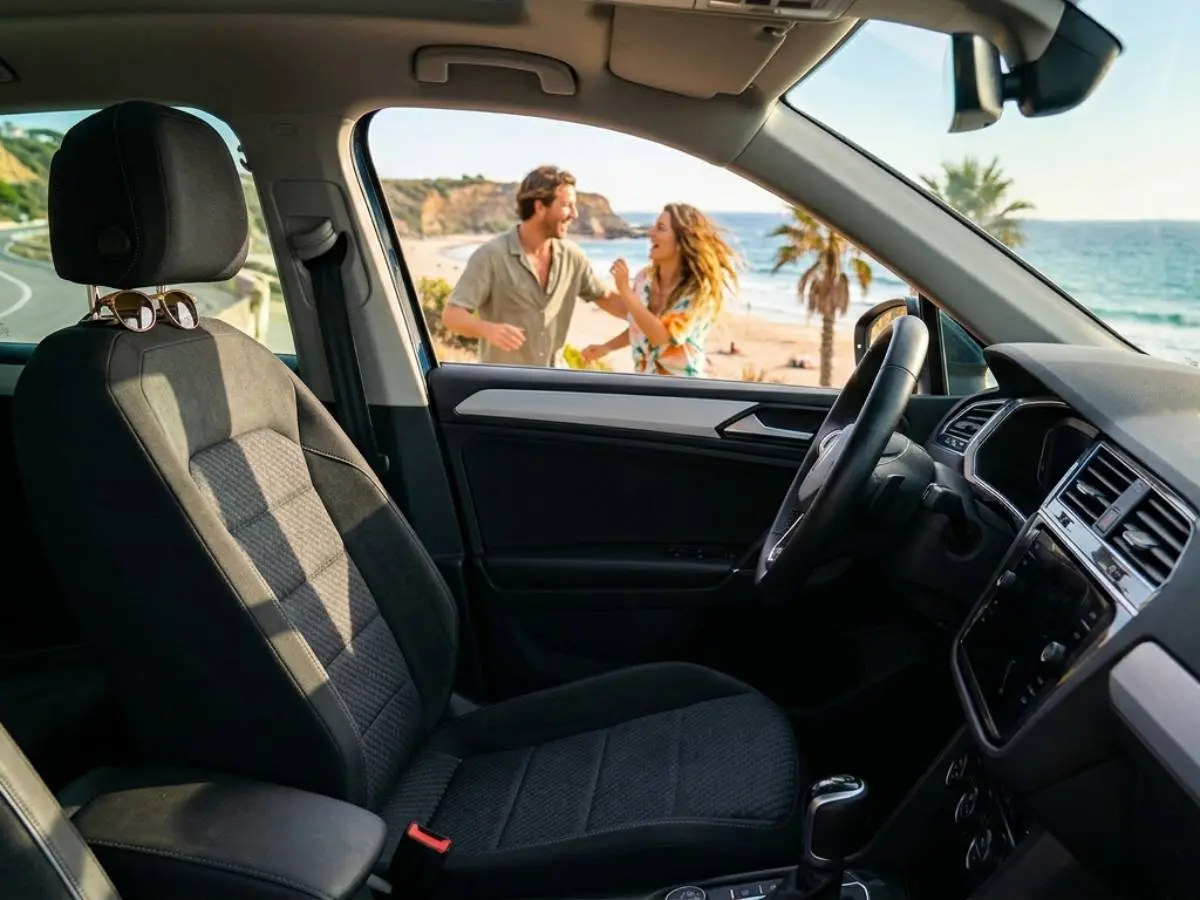 pareja en la playa a través de ventanilla de coche