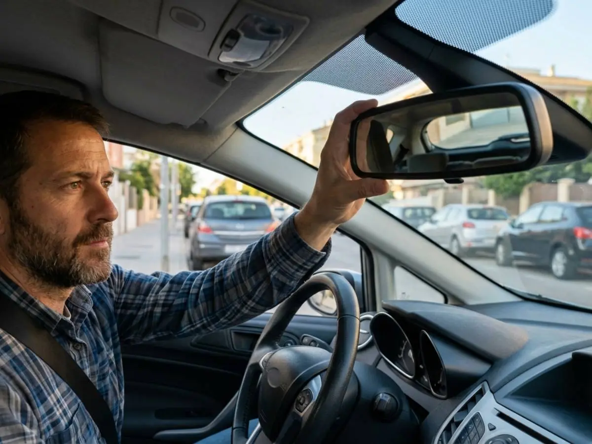 Un conductor ajusta el espejo de su coche