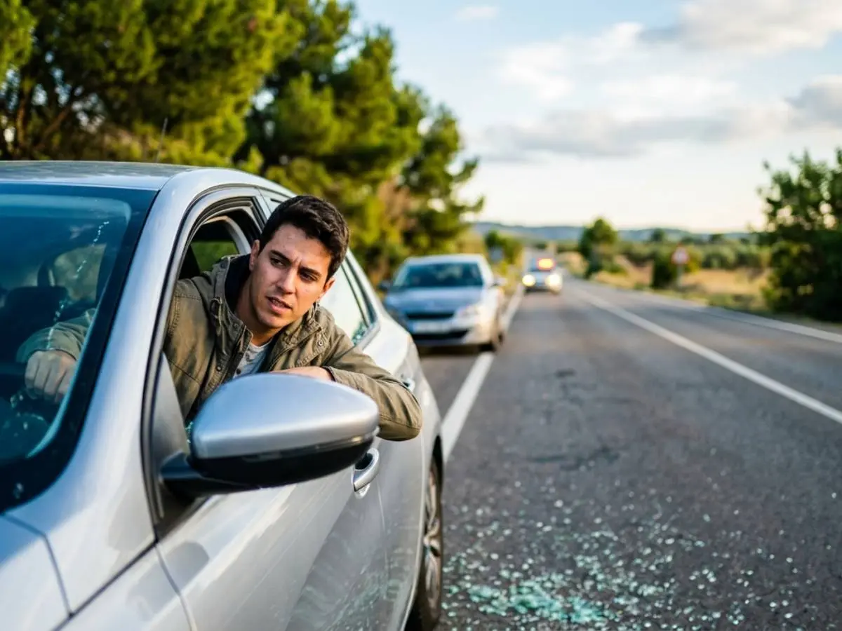conductor tratando de salir de un coche accidentado