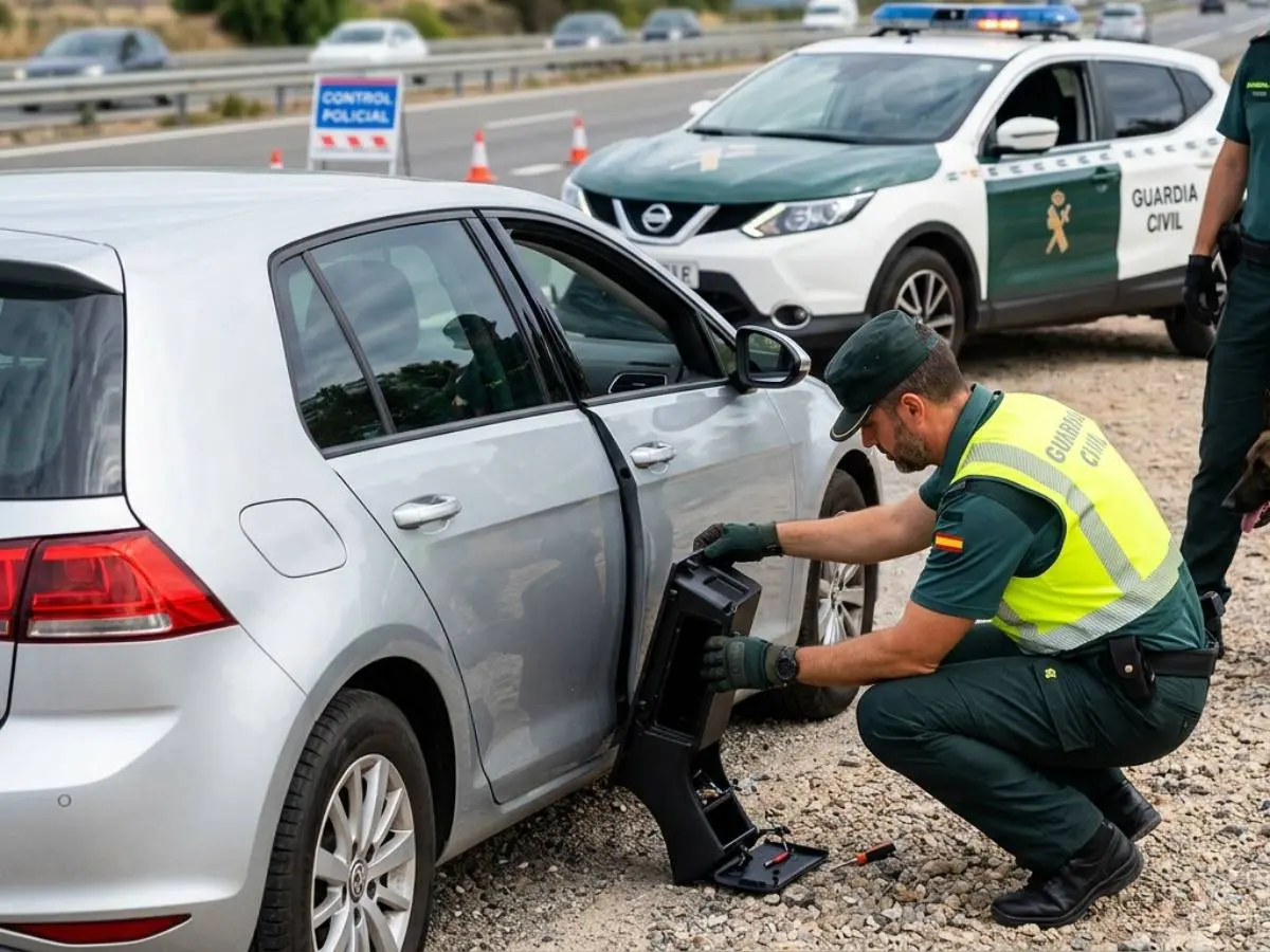 Agentes de la Guardia Civil inspeccionando coche en control