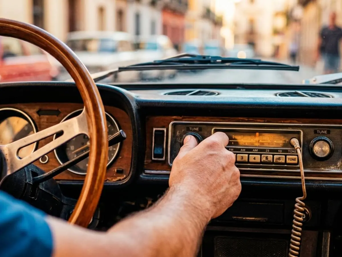 Conductor sintonizando radio vieja en salpicadero de madera de coche clásico