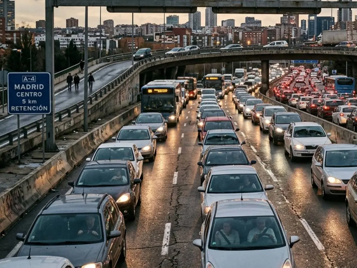 Tráfico colapsado en hora punta en la entrada a una ciudad