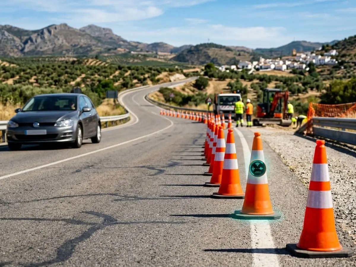conos delimitando una zona de obras en carretera secundaria