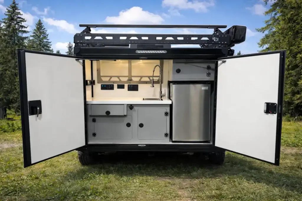 Encore RV se ha marcado una caravana compacta a la que no le falta detalle: Incluso tiene WC 2 Motor16 2026 Caravana Encore RV ROG-12RK. Imagen trasera.