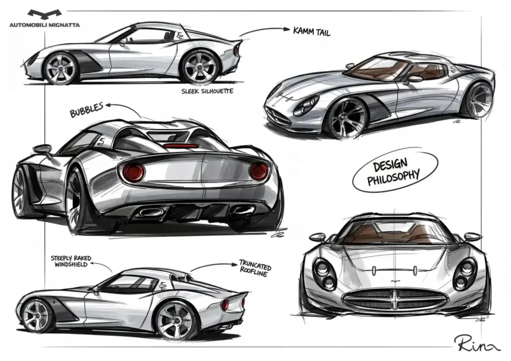 Automobili Mignatta Rina Coupé: la evolución natural del Barchetta que pudo verse en Goodwood 2 Motor16 2026 Automobili Mignatta Rina Coupé. Imagen bocetos.
