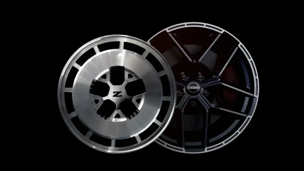 Side-by-side comparison of a historic Nissan Z alloy wheel and a modern Nissan Z wheel design, showing how the contemporary multi-spoke wheel incorporates styling elements inspired by the classic design while being sufficiently sized to provide room for modern high-performance braking systems.