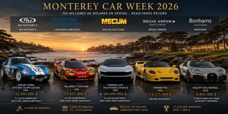 Monterey Car Week 2026: Un Shelby Cobra, un McLaren F1 GTR y un Ferrari eléctrico reescriben el manual del coleccionismo