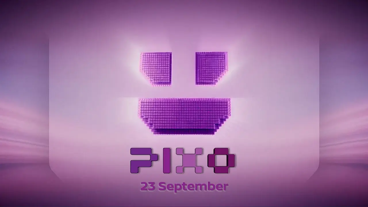 Purple teaser graphic for Nissan PIXO. A stylised pixelated smiley face glows against a purple gradient background above the PIXO logo. The text “23 September” appears beneath the logo, announcing the vehicle’s reveal date. The design uses pixel-inspired graphics and neon lighting effects.