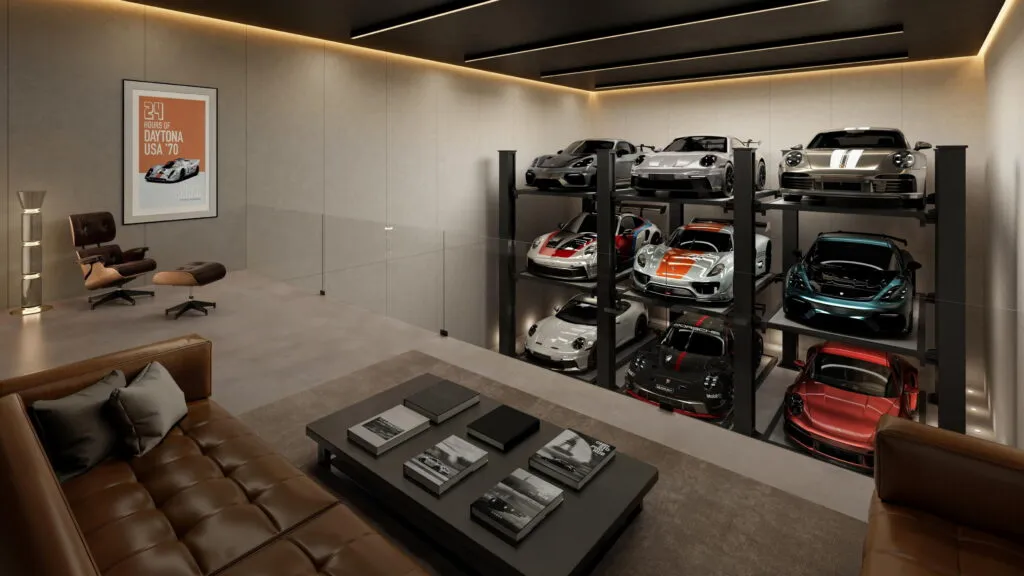 Porsche crea el garaje definitivo para millonarios: un club privado donde vivir, trabajar y exhibir sus joyas de cuatro ruedas 3 Motor16 2026 Porsche Design Concours. Imagen interior.